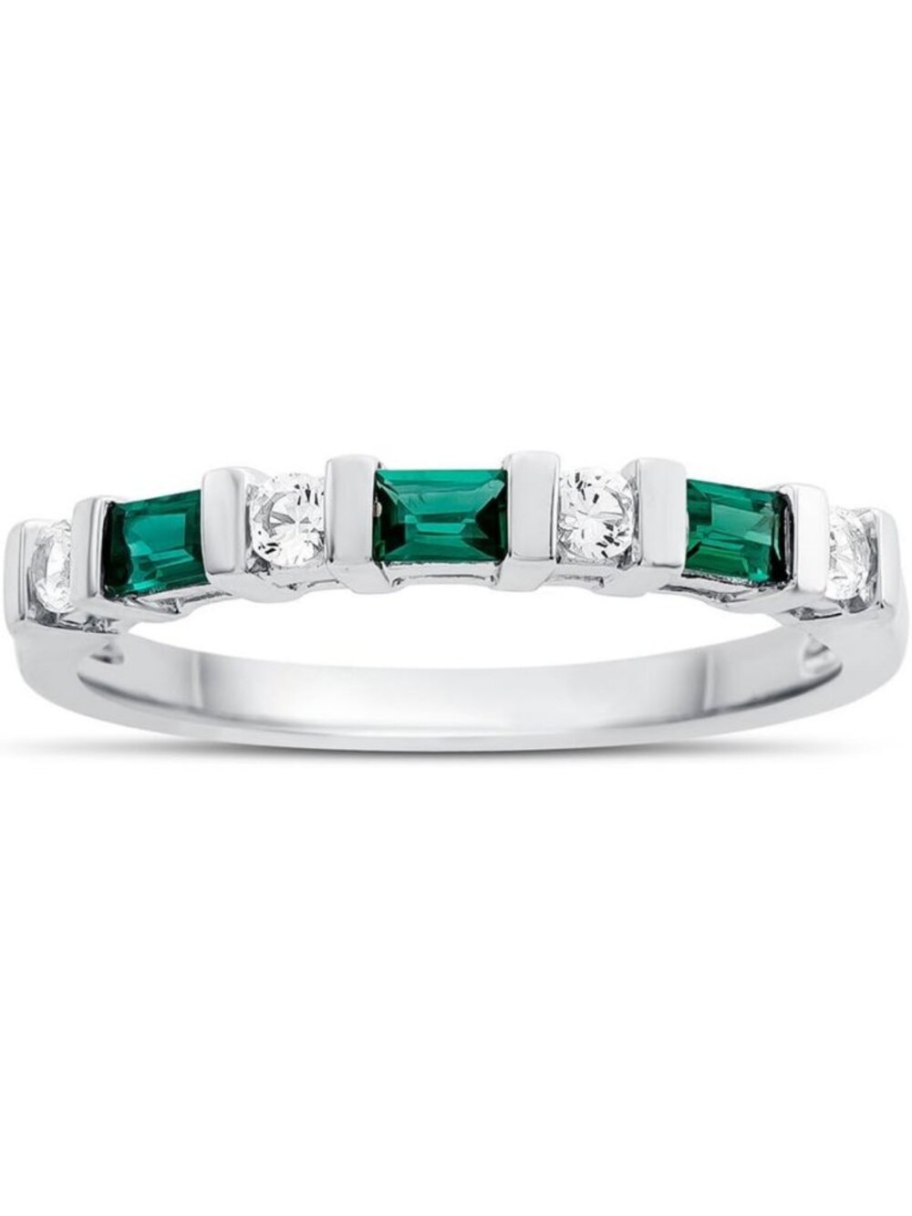 3x2mm Baguette Created Emerald & White Sapphire Stackable Band Ring